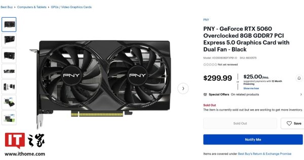 启泰网 PNY RTX 5060 显卡提前上线电商：超频款仅较 MSRP 贵 0.99 美元